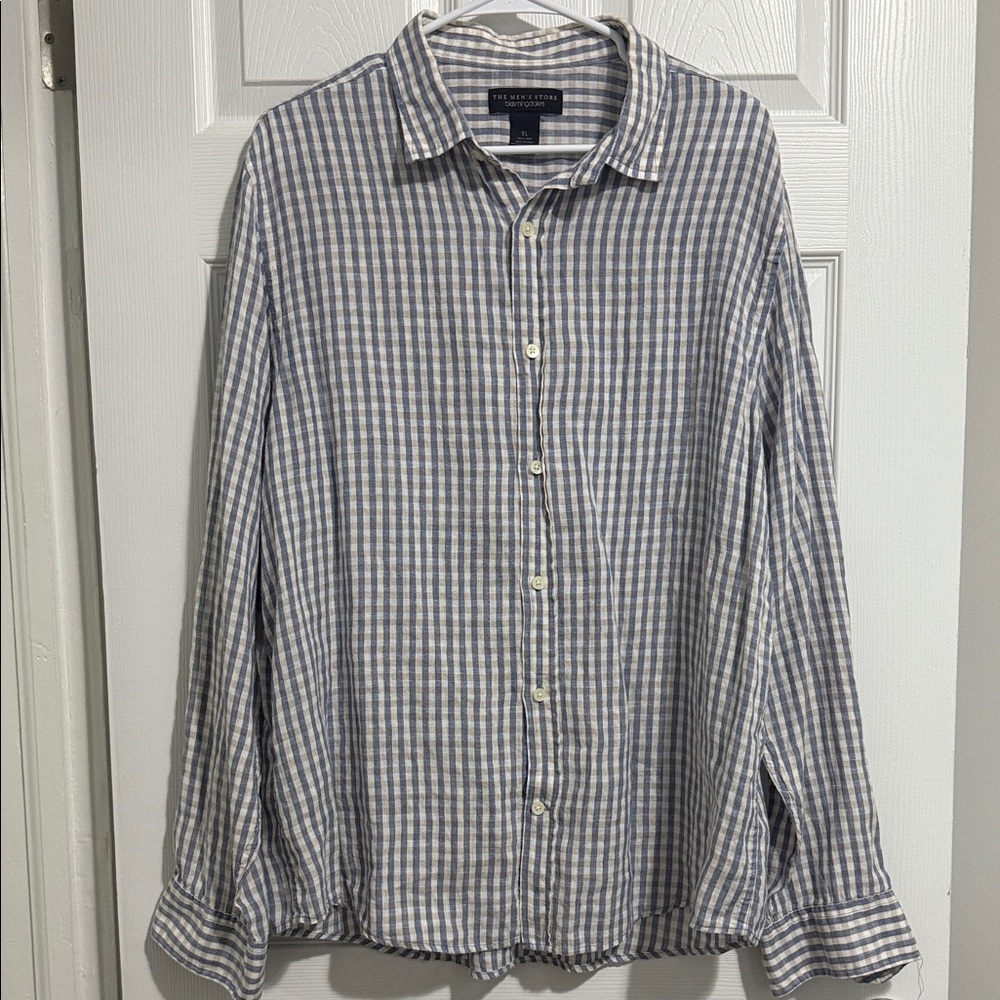 Bloomingdales navy, khaki and White linen Gingham Shirt